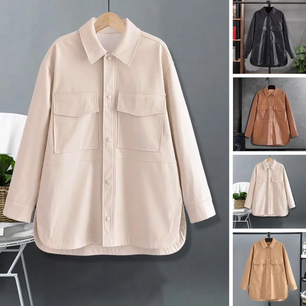 

Women Jacket Stylish Women's Mid Length Cardigan Coat Windproof Faux Leather Jacket with Lapel Loose Fit Split Hem for Spring