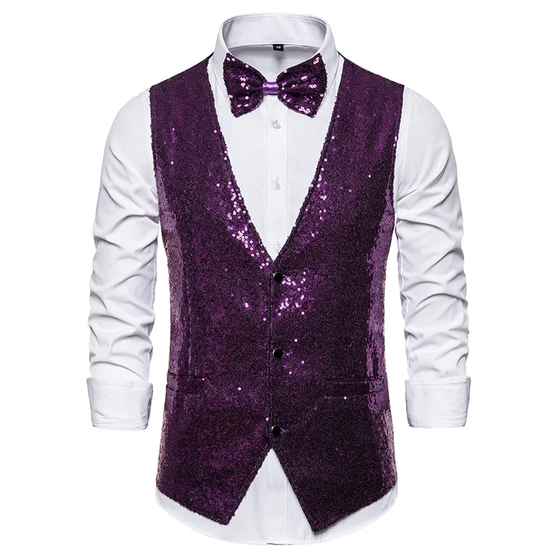 Glanzend groen pailletten sprankelend vest heren slim fit v-hals 2-delig herenvest met vlinderdas bruiloft podium prom kostuum gilet