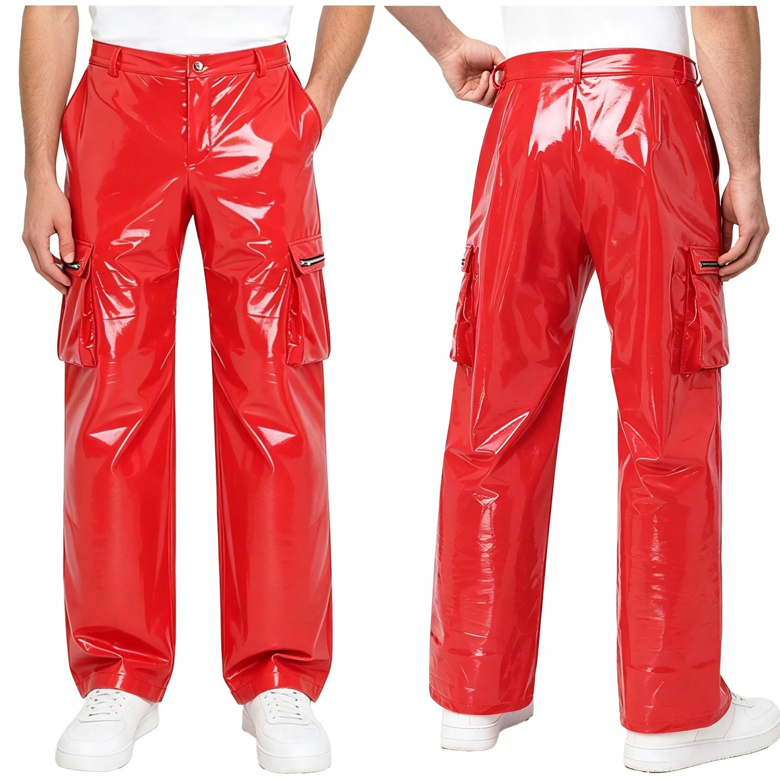 Mens Glossy PU Leather Cargo Pants Multi-pocket Straight-leg Punk Pants Trousers for EDM Music Festival Carnival Stage Nightclub