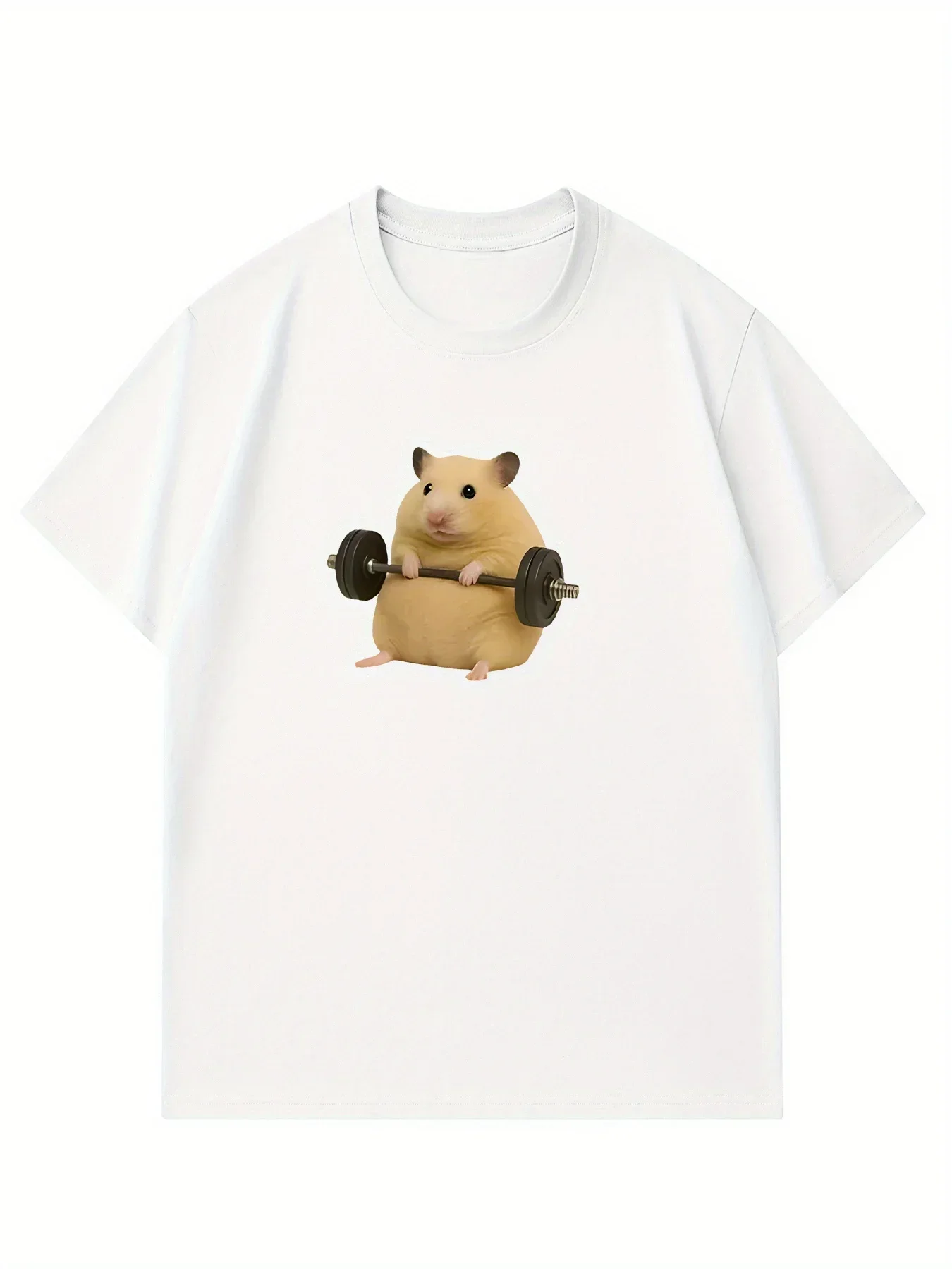 Women's Men Black White Hamster Lifting Weights Graphic Harajuku Short Sleeve Casual T-shirt Clothing Street Aesthetic Clothes