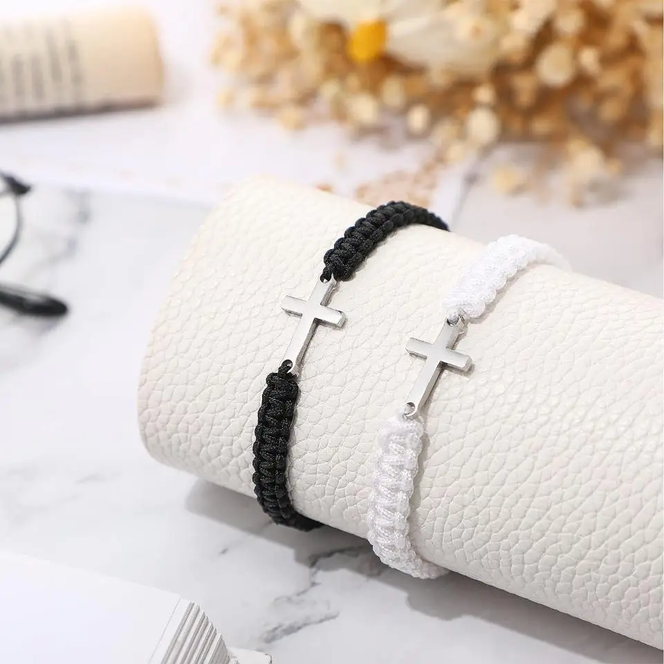 UILZ Creative Personality Stainless Steel Cross Hand-woven Adjustable Colored String Couple Versatile Bracelet