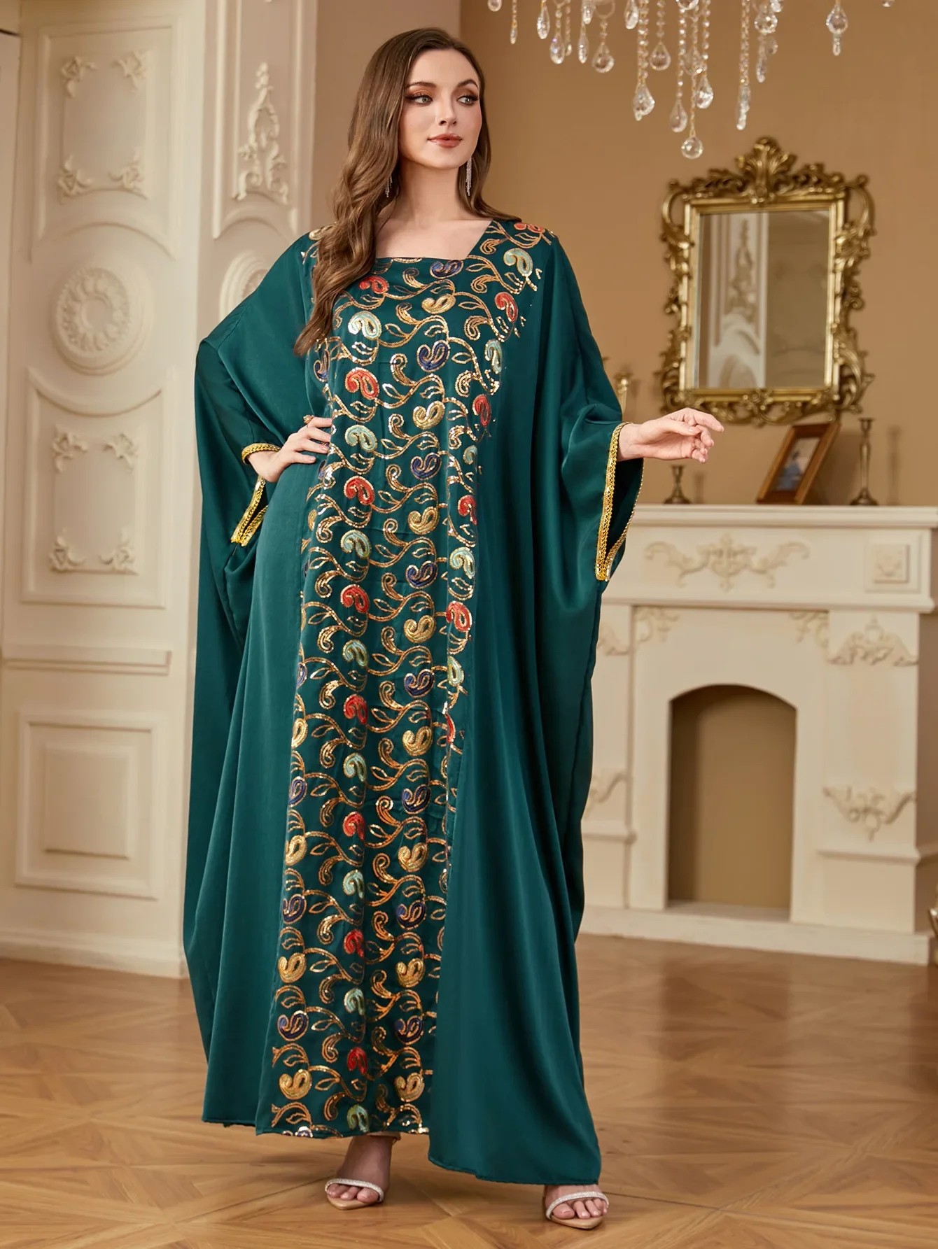 Ramadan Eid Abito con maniche a pipistrello Donne musulmane Raso Abaya Dubai Caftano Djellaba Abito ampio Arabo Caftano Marocain Femme Abiti