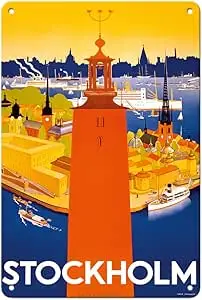 Pacifica Island Art Stockholm - Sweden - Port of Stockholm and City Hall - Vintage Travel Poster by Iwar Donner c.1936-8 x 12 in