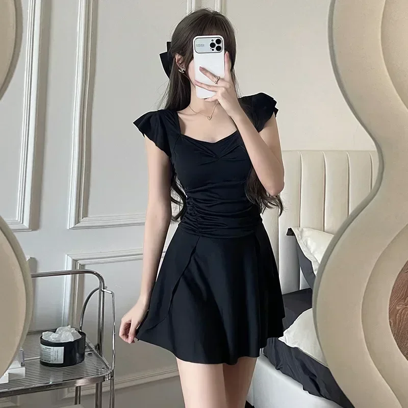 Women Korean Slim High Waisted One Piece Swimsuit Beach Style Mini Dress Slight Stretch Bathing Suit Sexy Dress