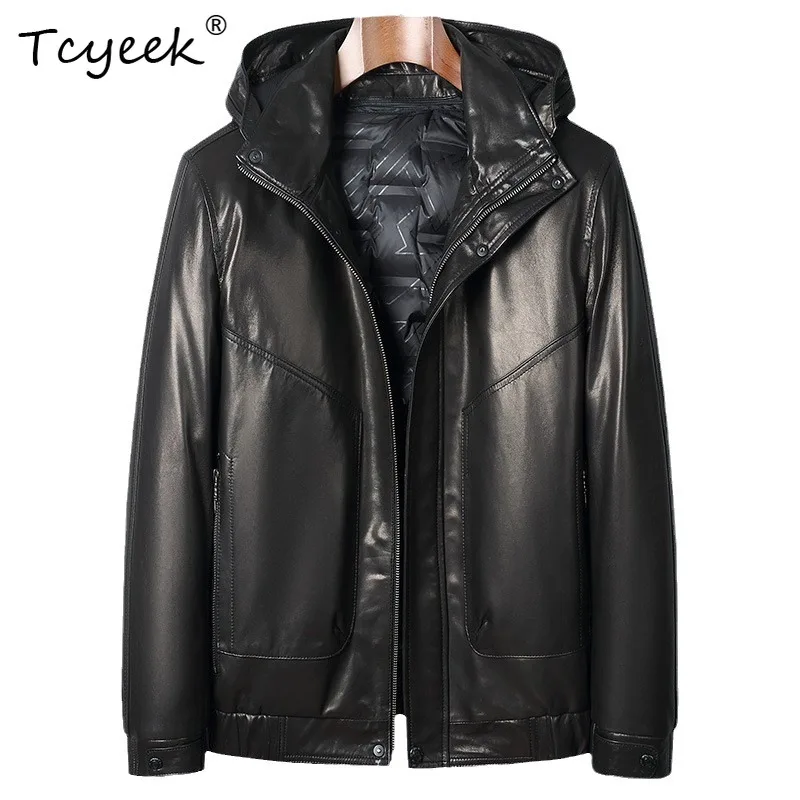 

Tcyeek Real Goatskin Genuine Leather Jacket Men Winter Clothes Warm 90% Goose Coat Mens Coats Hoodie Fashion Jaqueta De Couro