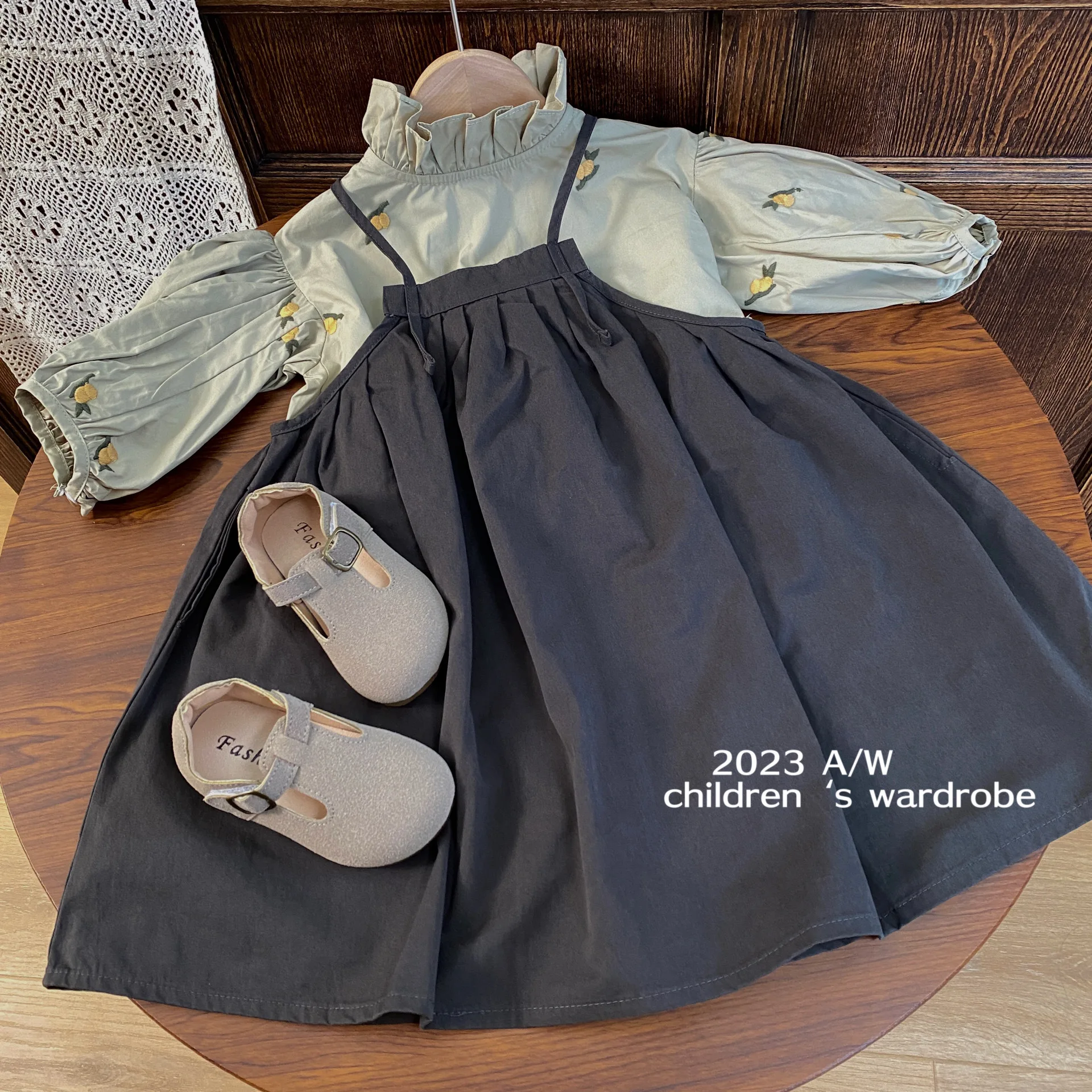 Girl Dress Korean Style Children Clothing 2024 Spring and Summer New Retro Baby Girl Solid Grey Dress Fashion Style Slip Skirt