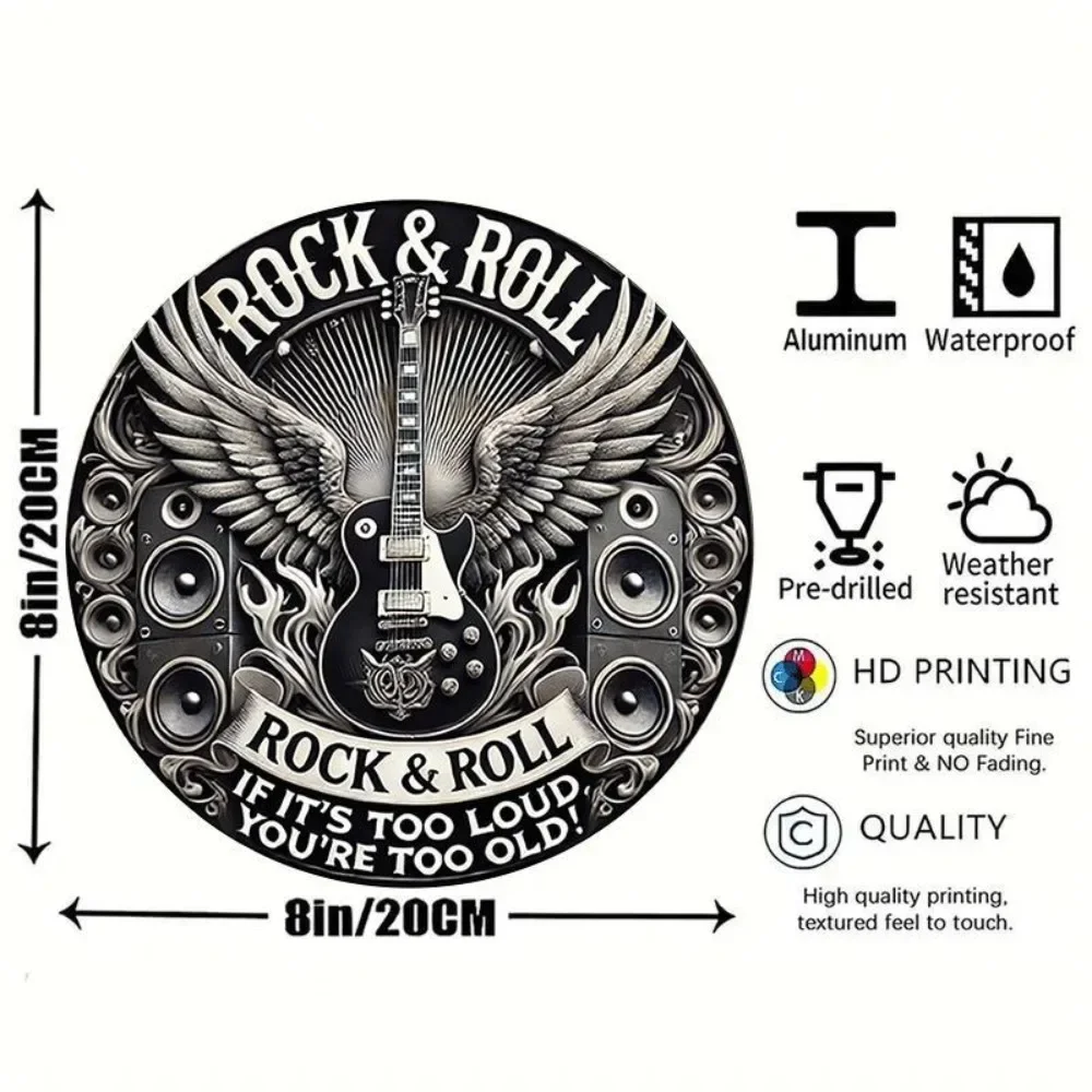 Round 2D Flat Vintage Metal Sign - Rock & Roll Guitar Band Design in Black with Wings Headphones - Perfect for Home Bar Cafe