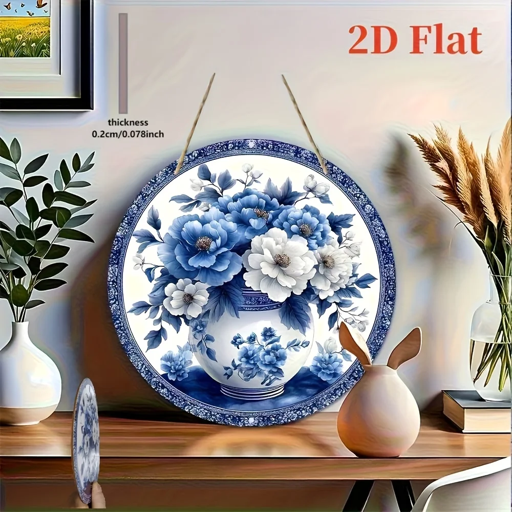 2D Flat, 2D Flat Blue and White Porcelain Plate Theme Wall Decor, 8.0x8.0 Inches Round Wooden Design with 2D Visual Effect, Suit