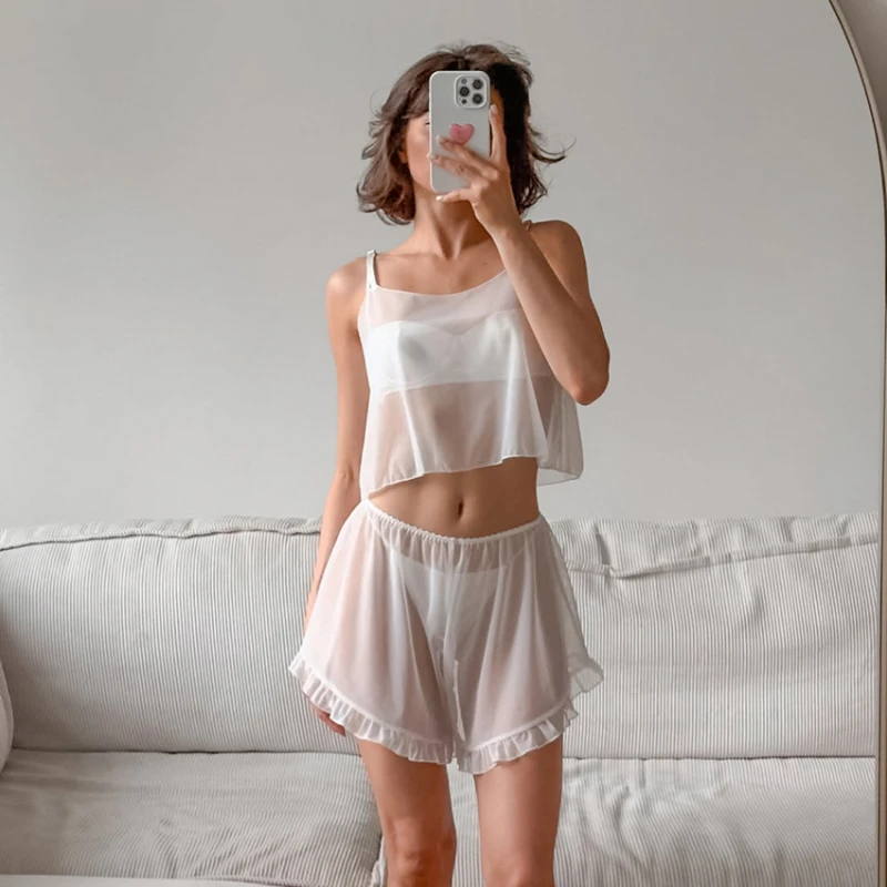 

Spring white chiffon sexy see through suspender shorts women's home clothes soft and comfortable pajamas two-piece set
