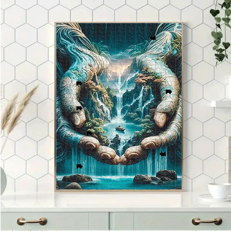 Handen, landschap en waterval met bootpuzzel - 500 stuks/1000 stuks volwassen puzzel voor interactieve familiespellen en kamergenootverlijming