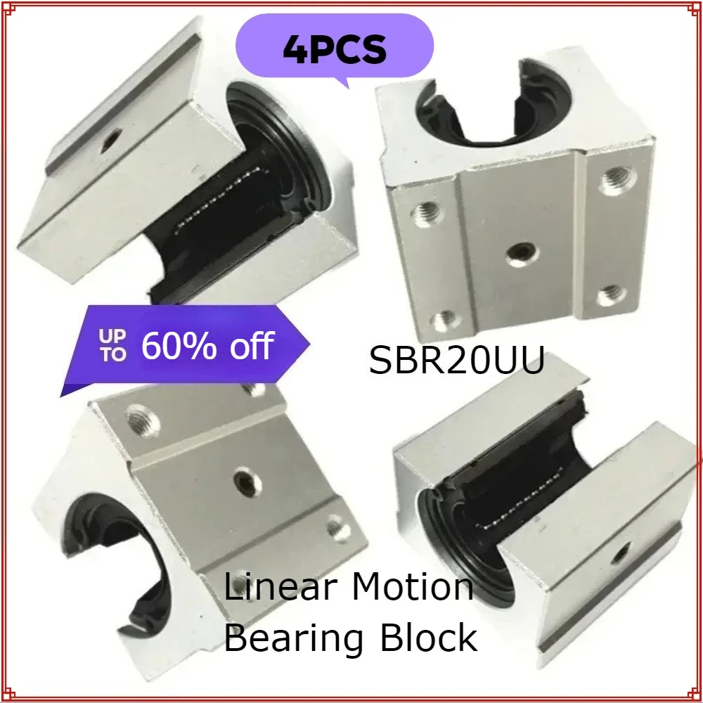 

4Pcs SBR20UU SBR20 UU Aluminum Block 20mm Linear Motion Ball Bearing Slide Block CNC Router Part for SBR20 Linear Guide Rail