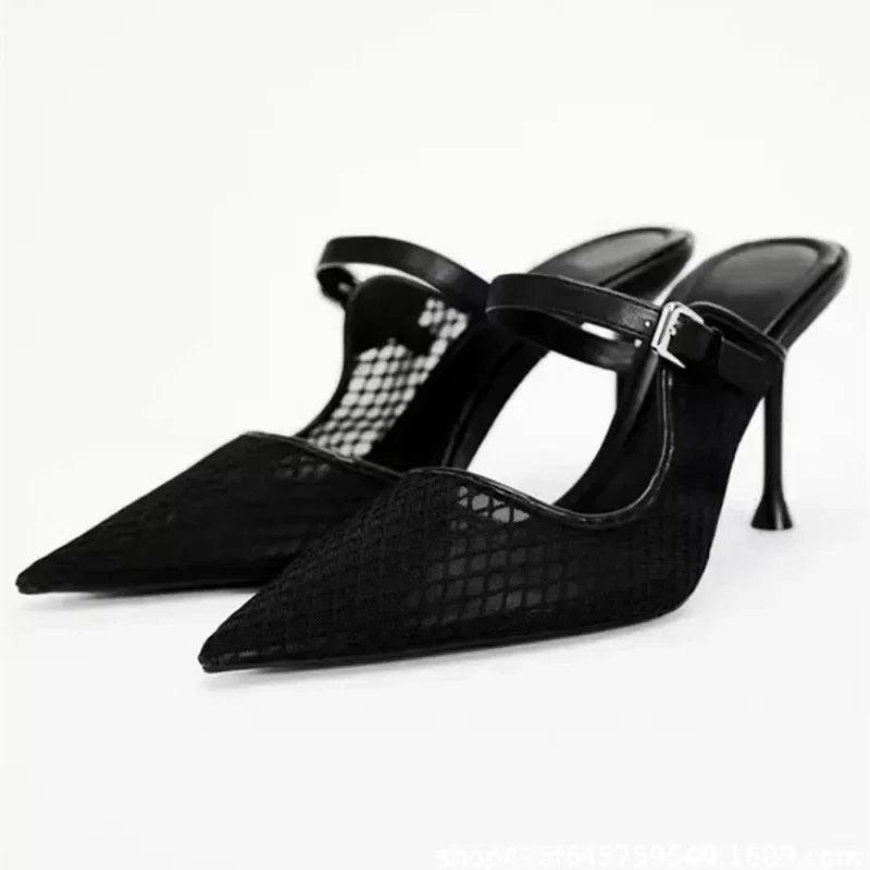 

Fashion Metal Belt Buckle Design Thin Heeled Sandals Elegant Slide Heels Sexy Pointed Toe Black Mesh Breathable Women Slippers