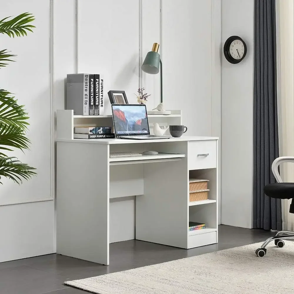 

White Computer Keyboard Tray and Drawer Small Home Office Bedroom,Homework and School Studying Writing Desk for Student