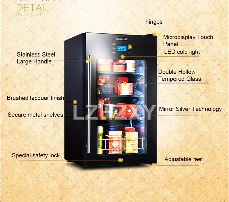 Cold Storage Refrigerator 95L Wine Refrigerators Transparent Glass Door Tea Drinks Freezers -5to10 Degrees C Food Sample Cabinet