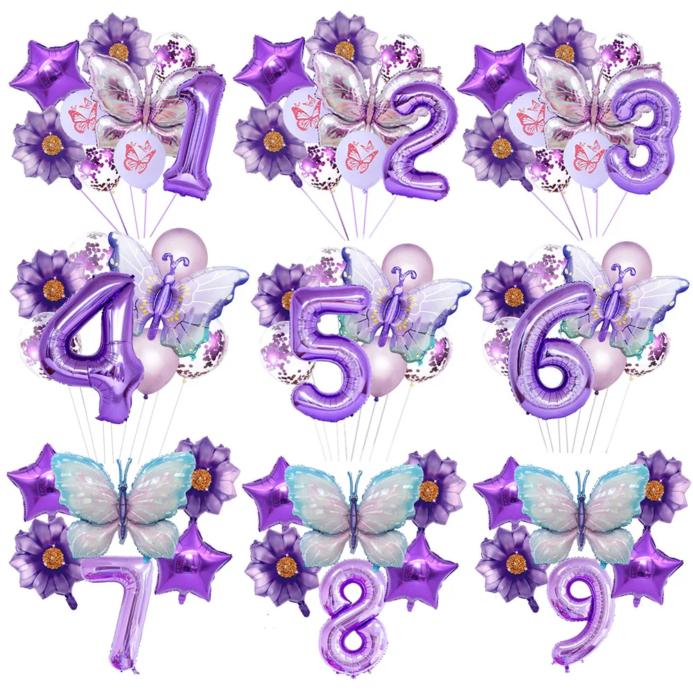 Ballons papillon géants violet numéro 1-9, décorations d'anniversaire pour filles et femmes, fournitures de fête d'anniversaire à thème papillon