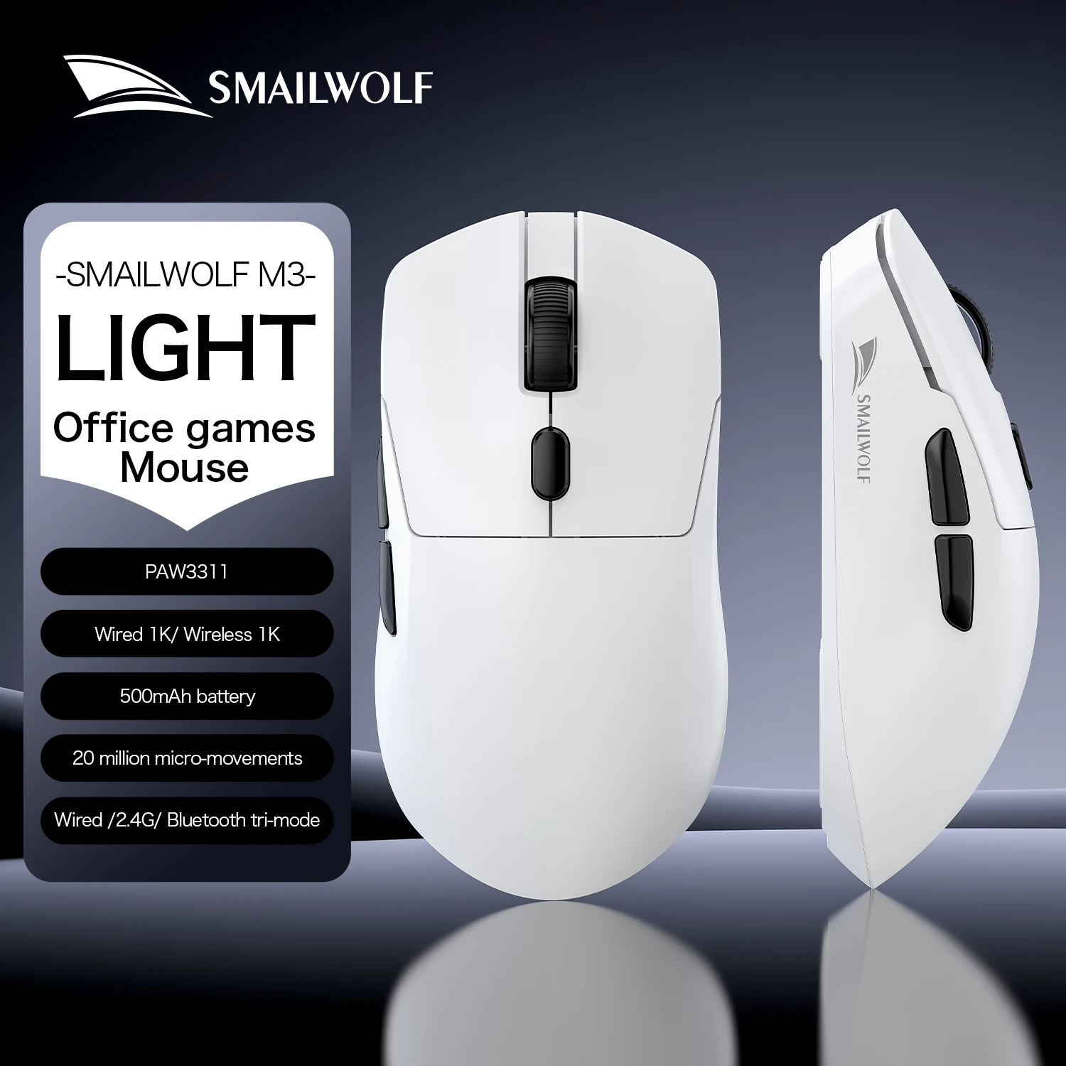 SMAILWOLF M3 PRO Kabellose Bluetooth-Maus mit drei Modi, E-Sport-Gaming-Maus für Laptop und Desktop, PAW3311, kabelgebunden, leicht, für FPS-Spiele