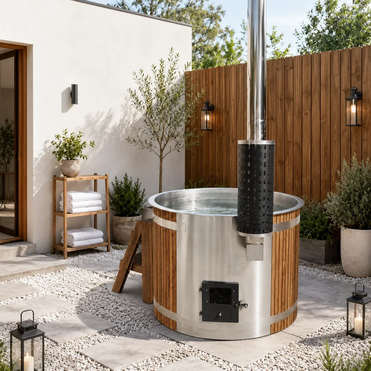 Outdoor Gym Hot Tub Sauna Combo 6KW Stainless Steel Burning Wood Heater 60 Gallons 2 Persons