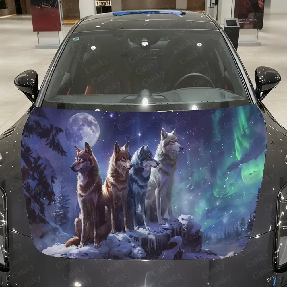 Snowy Wolf Shadow Car Vinyl Wrap, PVC Material Waterproof Car Hood Sticker, Self-Adhesive Scratch-Resistant Stickers for Engine