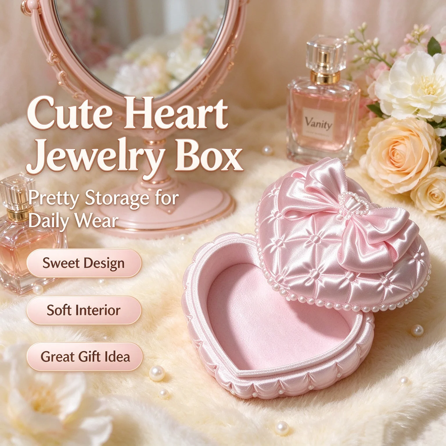 Silk Heart Shaped Jewelry Box with Lovely Bowknot Trinket Storage Organizer Perfect Birthday Gift for Daughter Niece