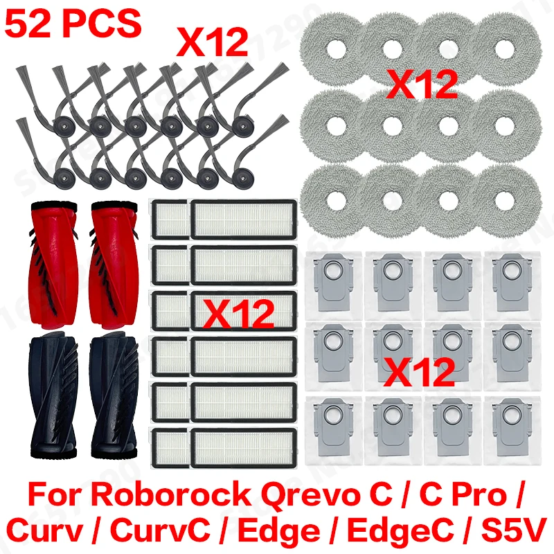 Roborock Qrevo C/C Pro/Curv/CurvC/Edge/EdgeC/S5V Kompatibles Haupt- und Seitenbürsten-Set, Wischtücher, Staubbeutel & Filterset