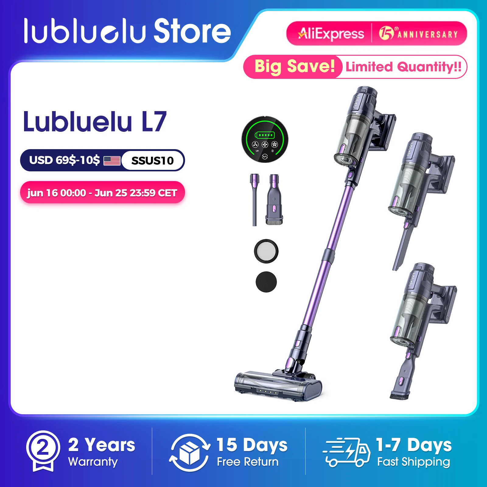 30Kpa Cordless Vacuum Cleaner, Anti-Tangling Brushless Lightweight Vacuum Cleaner With Touch Screen For Home Carpet Lubluelu L7