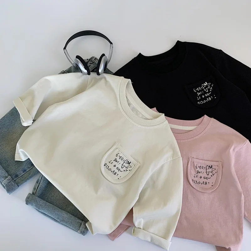 Boys Grils Children T-shirt with Letter Print Long-sleeved Base Layer Spring Autumn Solid Simple All-matching Cotton