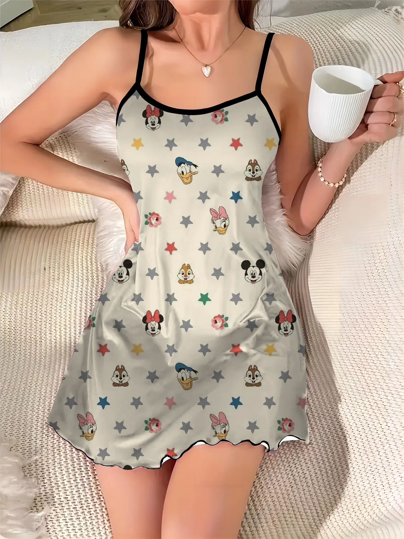 Lettuce Trim Elegant Dresses for Women Crew Neck Disney Minnie Mouse Sexy Dress Mickey Satin Surface Pajama Skirt Chic Mini Trim