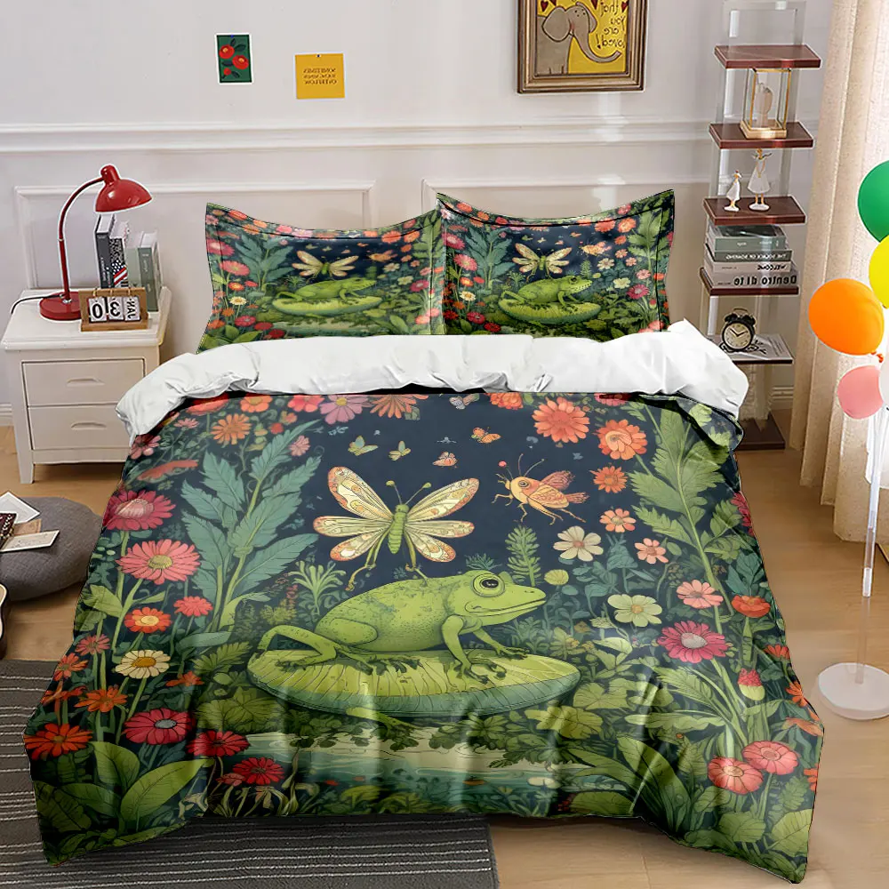 Frog and Butterfly in Enchanted Garden Printed Duvet Cover Set1 Duvet Cover+2 PillowcaseMulti Size Bedroom Bedding Decor