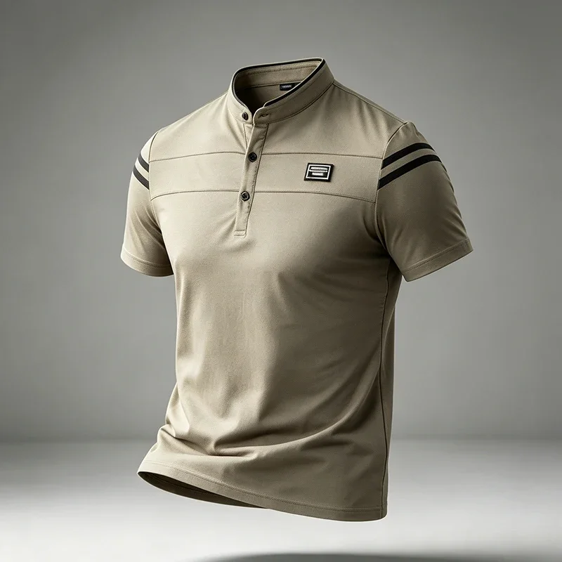 Male Stand Collar Polo Shirt Short Sleeve Striped Sleeve Detail For Outdoor Walking Weekend Hangout Leisure Occasions