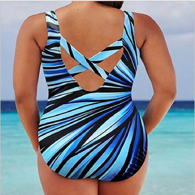 Plus Size One Piece Swimsuit Women's Bikini Oversized Beachwear Tankini Large Talla Grande Swimwear With Tropical Striped Print