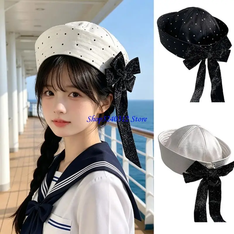 634C Stitched Band Cap with Adjustable Rear Lacingup Design, Panel Construction, Satined Surfaces, Bowknot Octagonal Hat