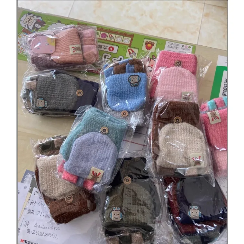 4-10T Kids Convertible Flip Top Mittens Winter Warm Fingerless Gloves for School Children Writing Cycling Robot Deer Printed