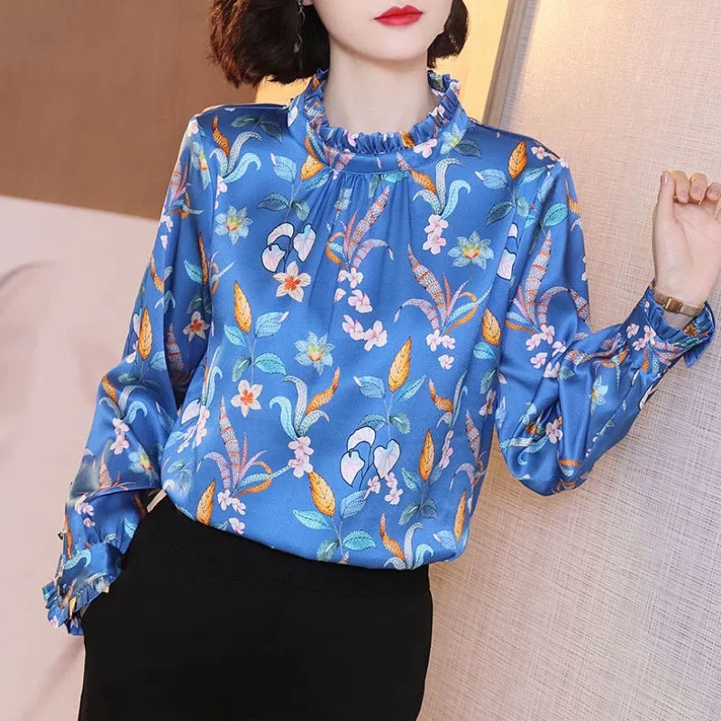 2024 Spring Autumn New Korean Commute Women\'s Satin Loose Blouses Long Sleeve Printed Spliced Ruched Pullover Ruffled Neck Shirt