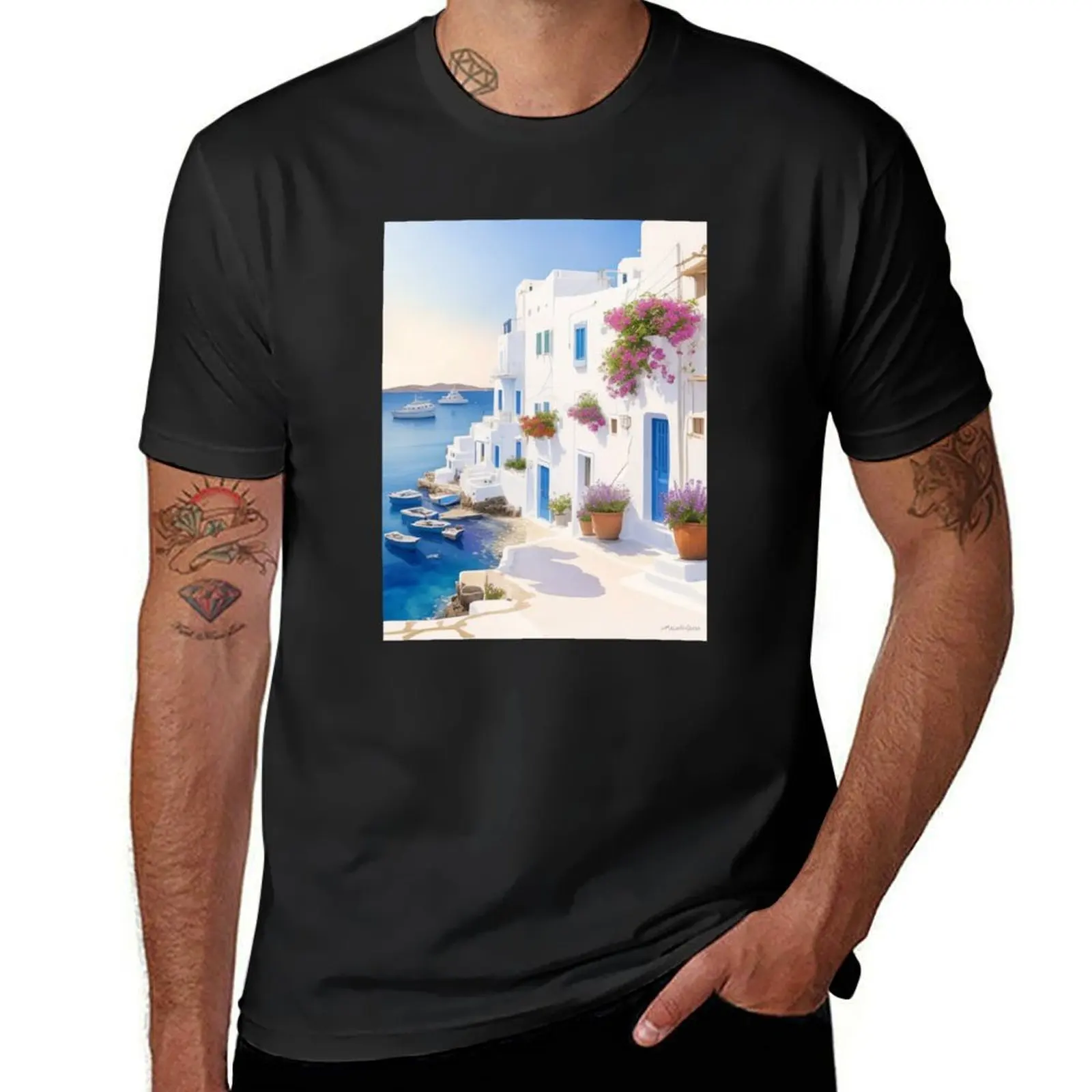 Mykonos-Watercolor Art T-Shirt plain hippie clothes kawaii clothes designer t shirt men