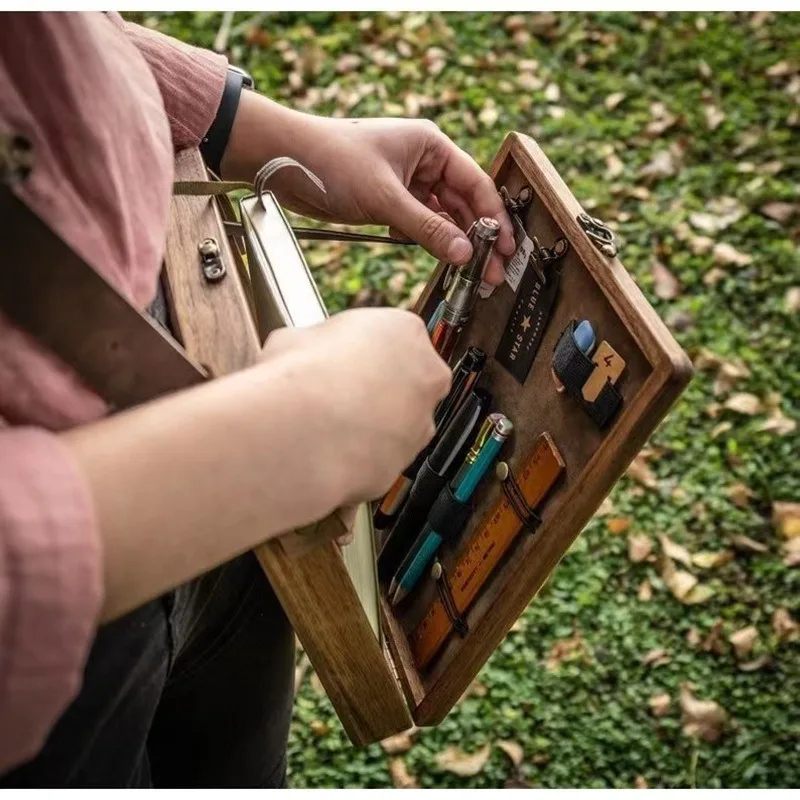 Vintage Wooden Storage Box with Shoulder Strap Portable Stationery Organizer Multifunctional Writing Supplies Carrying Case