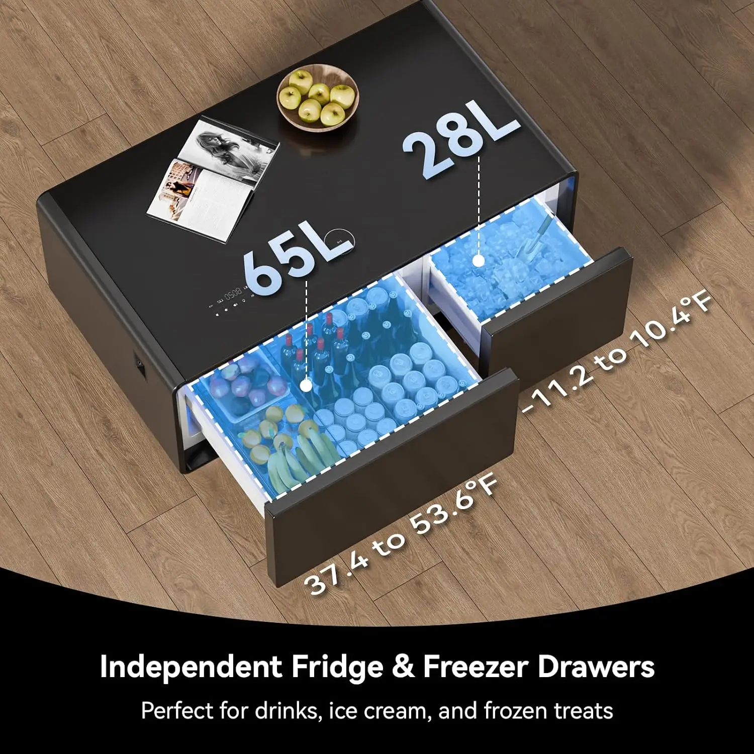 Smart Coffee Table with 93L Fridge & Freezer, Speaker, Wireless Charging, Customized