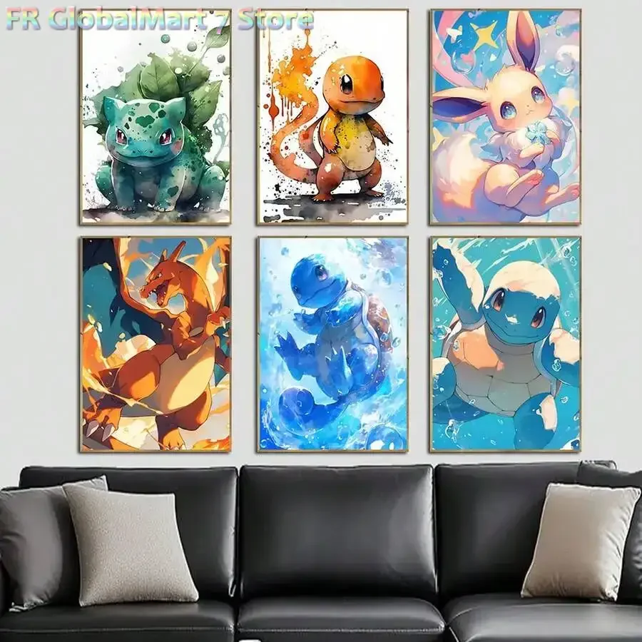 Japanese Anime Pokemon Posters Wall Art Pikachu Bulbasaur Charmander Squirtle Modern Children Room Home Decoration Gift Unfra
