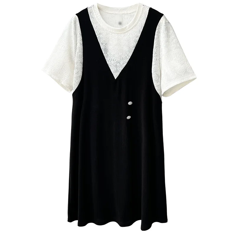 

2026 Summer Plus Size Lace Splicing A-Line Midi Dress Color Block Short Sleeve Loose Casual Dress Curvy Ladies 802