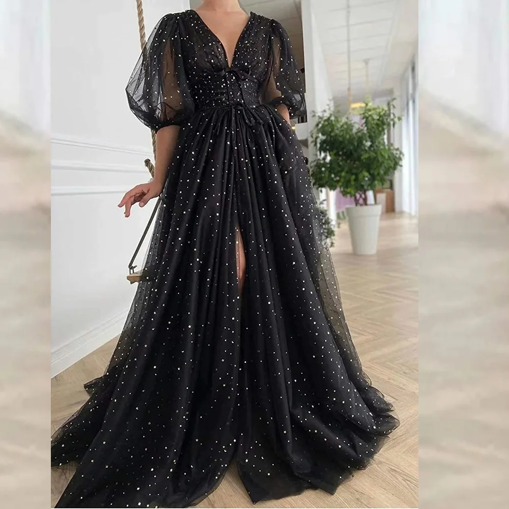 Black V-neck Chiffon Shiny Evening Dress for Bridal Short Sleeve Side Split Court A-line Evening Party Gown vestidos de festa