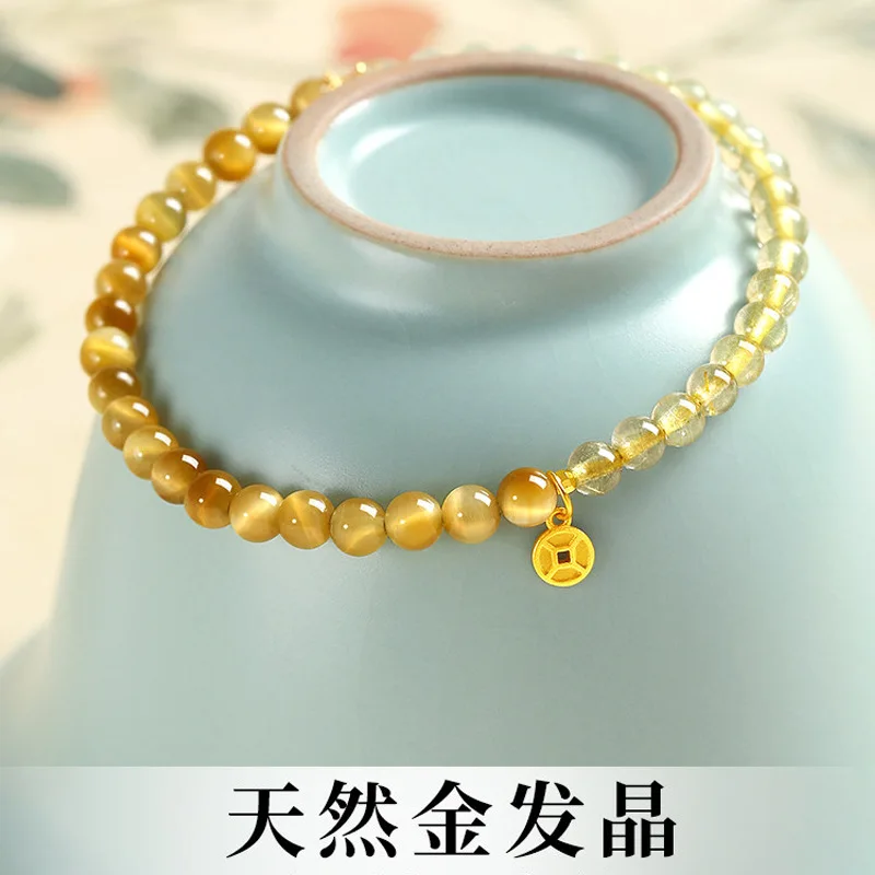 Chinese Style Natural Golden Rutilated Quartz Tiger Eye 4mm Beaded Handstring Bracelet For Women Lucky Auspicious Wealth Jewelry