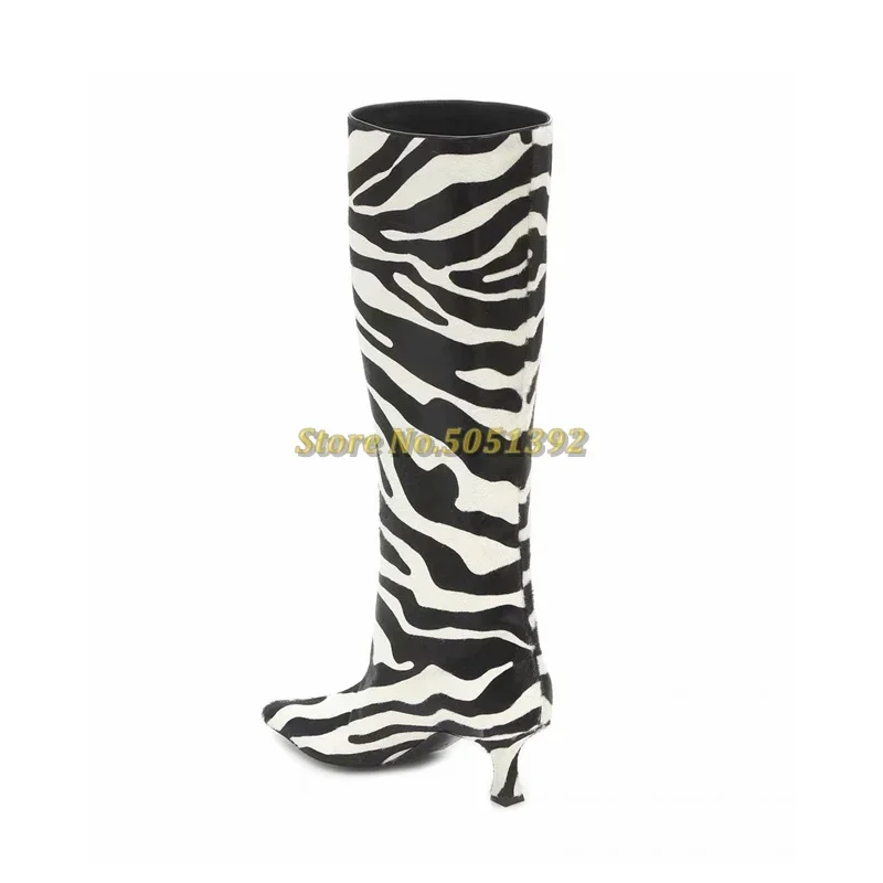 Zebra Pattern Knee High Medium Heel Boots Newest Fashion Pointy Toe Stiletto Heel Runway Dress Women Boots Slip On Boots - view 6
