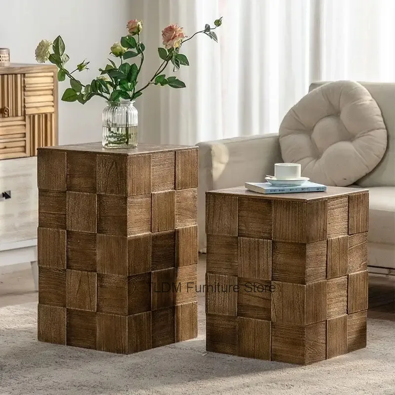 Wabi Sabi Mosaic Cube Wood Pedestal End Table Distressed Rustic Square Side Table Farmhouse Living Room Sofa Corner Nightstand