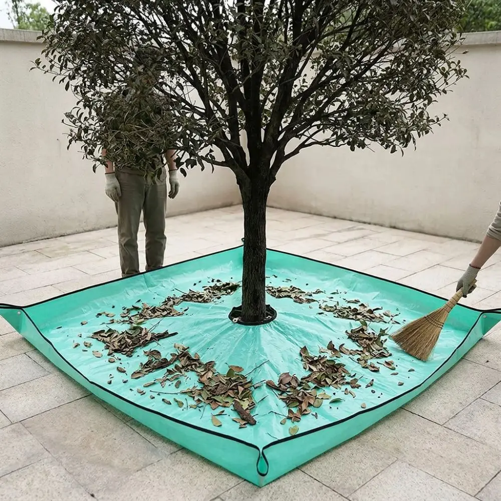 Waterproof Tree Trimming Drop Cloth Corner Grommets PE Garden Leaf Collection Mat Center Hole Tear Resistant Yard Tree Work Mat