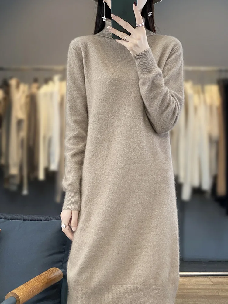 Aliselect 100% Mink Cashmere Knitted Dress Women High Lapel Fasion Sweater Pullover Turn-down Collar Cashmere Knee Length Dress