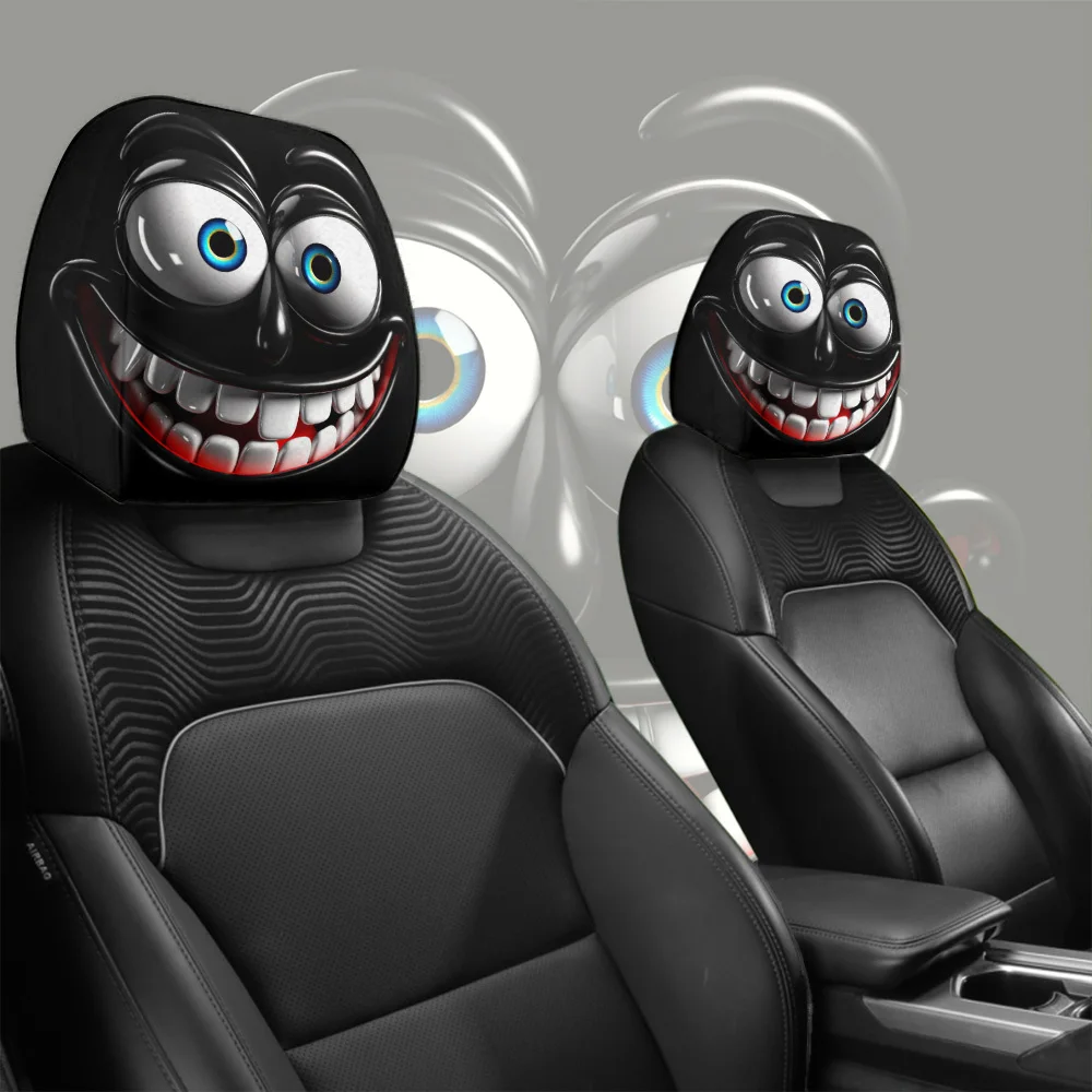 2PCS Fun Smiley Face Car Headrest Covers, Anti-Oil Washable Elastic Design Universal Fit for All Cars, Happy Auto Interior Decor