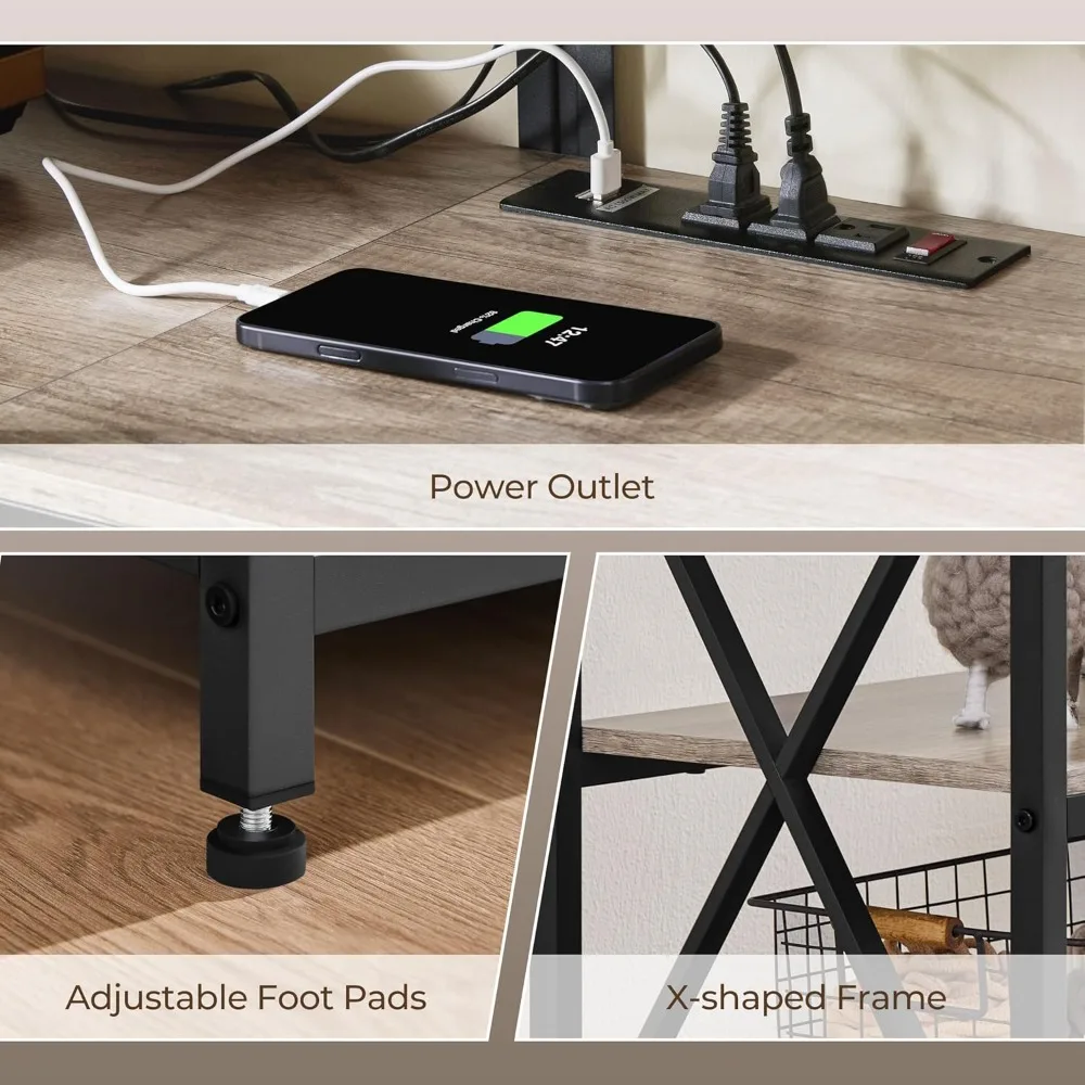 Centro de entretenimento de estilo industrial com luzes LED e tomada de energia para TVs de 65 polegadas, console de TV de 3 camadas