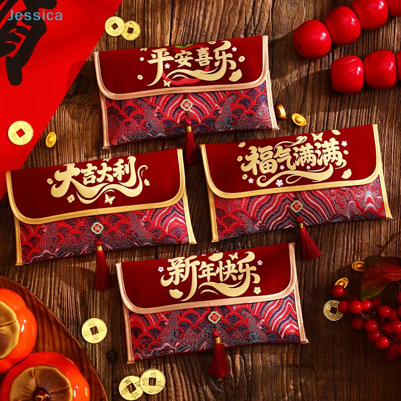 ♥ Rote Umschlagtaschen für das chinesische Neujahr – bestickt mit „Viel Glück/Glück“, festliche Geldbeutel, Neujahrsgeschenkumschläge mit Quasten
