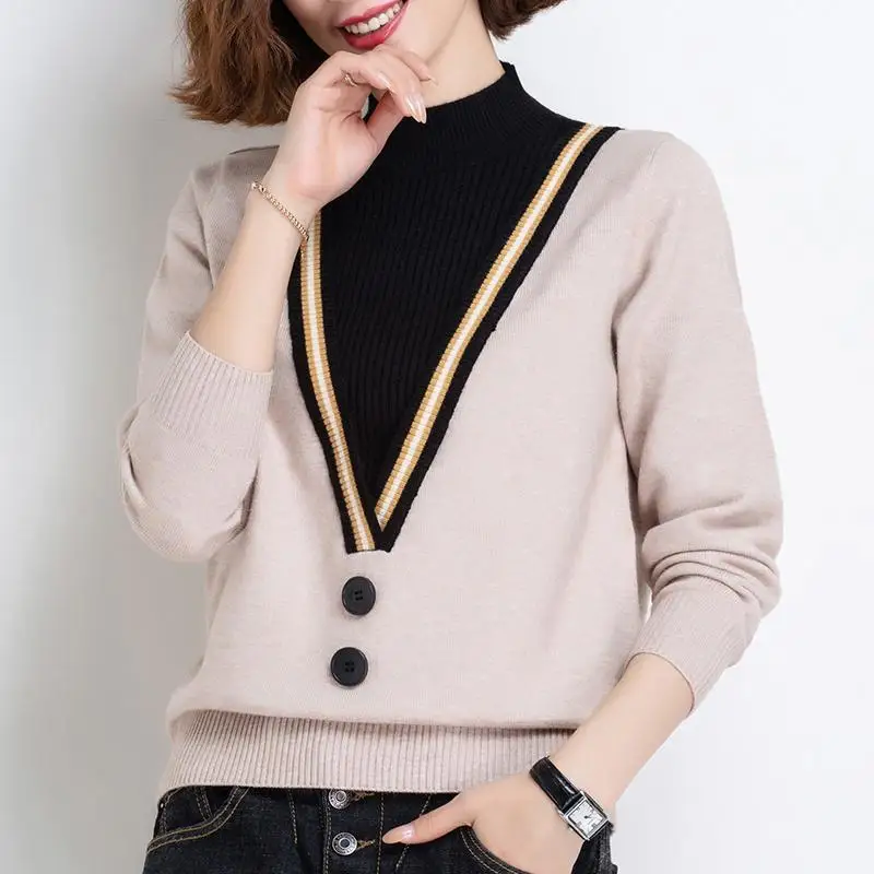 

Elegant Half High Collar Button Spliced Fake Two Pieces Sweaters Women's Clothing 2022 Autumn New Casual Pullovers Korean Tops