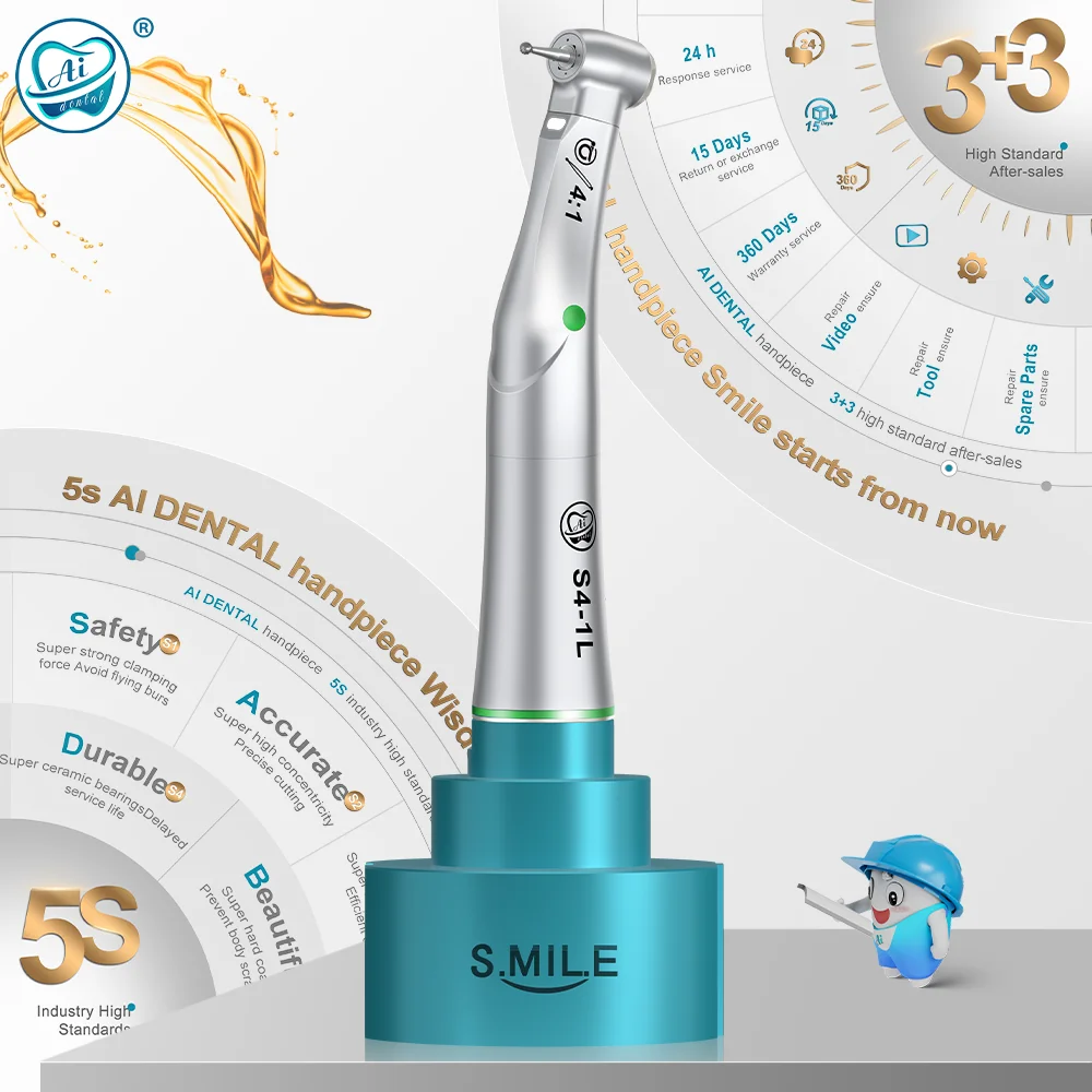 

AI DENTAL Smile Series S4-1L Dental 4:1 Reduction Low Speed Handpiece/Set with Optic Quattro Spray Green Ring Ceramic Bearings