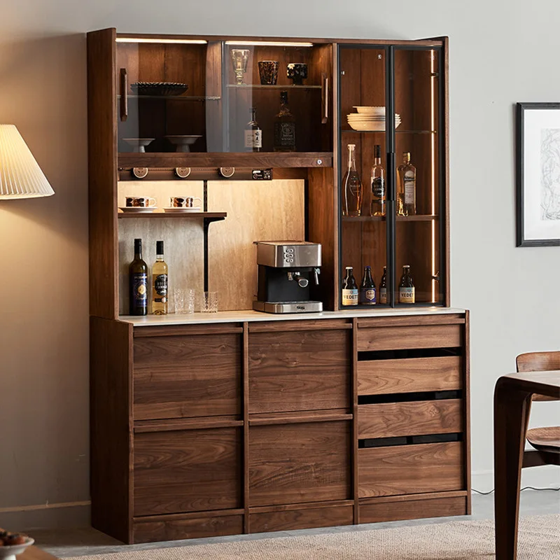 Travertine sideboard, black walnut wall-mounted integrated living room solid wood wine cabinet, storage cabinet, storage